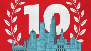 Illustration of Chicago skyline flanked by laurels and the number 10, indicating the 10th anniversary of the Chicago Statement.